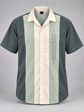 Bowling Style Mens Large Button-Up Shirt Green Color Block Vintage Design